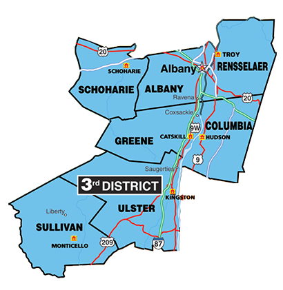 Map of 3rd District Counties (Albany, Schohaire, Troy, Rensselaer, Greene, Columbia, Ulster, Sullivan)