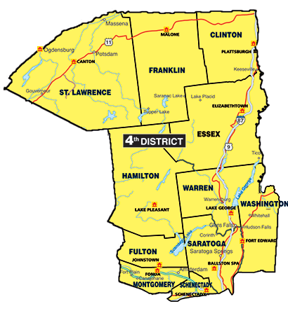 Map of Clinton, Essex, Franklin, Fulton, Hamilton, Montgomery, St. Lawrence, Saratoga, Schenectady, Warren, Washington Counties