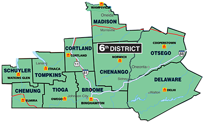 Map of Broome, Chemung, Chenango, Cortland, Delaware, Madison, Otsego, Schuyler, Tioga, and Tompkins Counties
