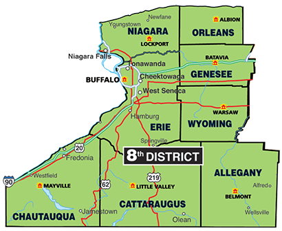Map of Allegany, Cattaraugus, Chautauqua, Erie, Genesee, Niagara, Orleans, and Wyoming Counties