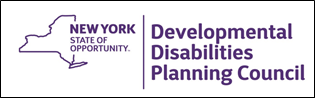 Purple logo for the Developmental Disabilities Planning Council featuring outline of New York and the words "New York: State of Opportunity"