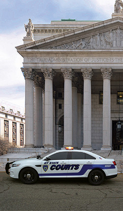 court officer police car in front of courthouse