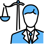 Icon of an attorney with scales of justice in the background